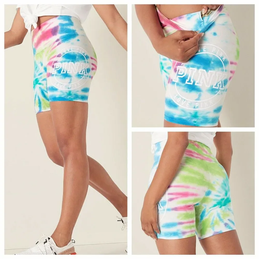 VS VICTORIAS SECRET PINK HIGH WAIST BIKE SHORT SHORTIE SPIRAL TIE DYE M